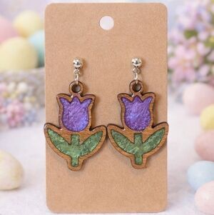 Handmade Resin & Wood Spring Tulip Flower Earrings